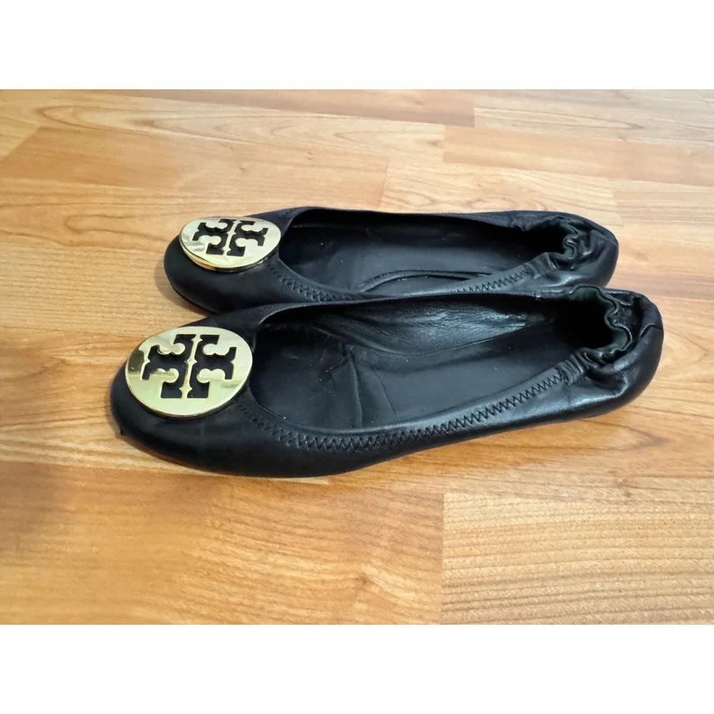 Tory Burch Womens Reva Comfort Ballet Flats Size 6.5 Black Leather Logo Designer